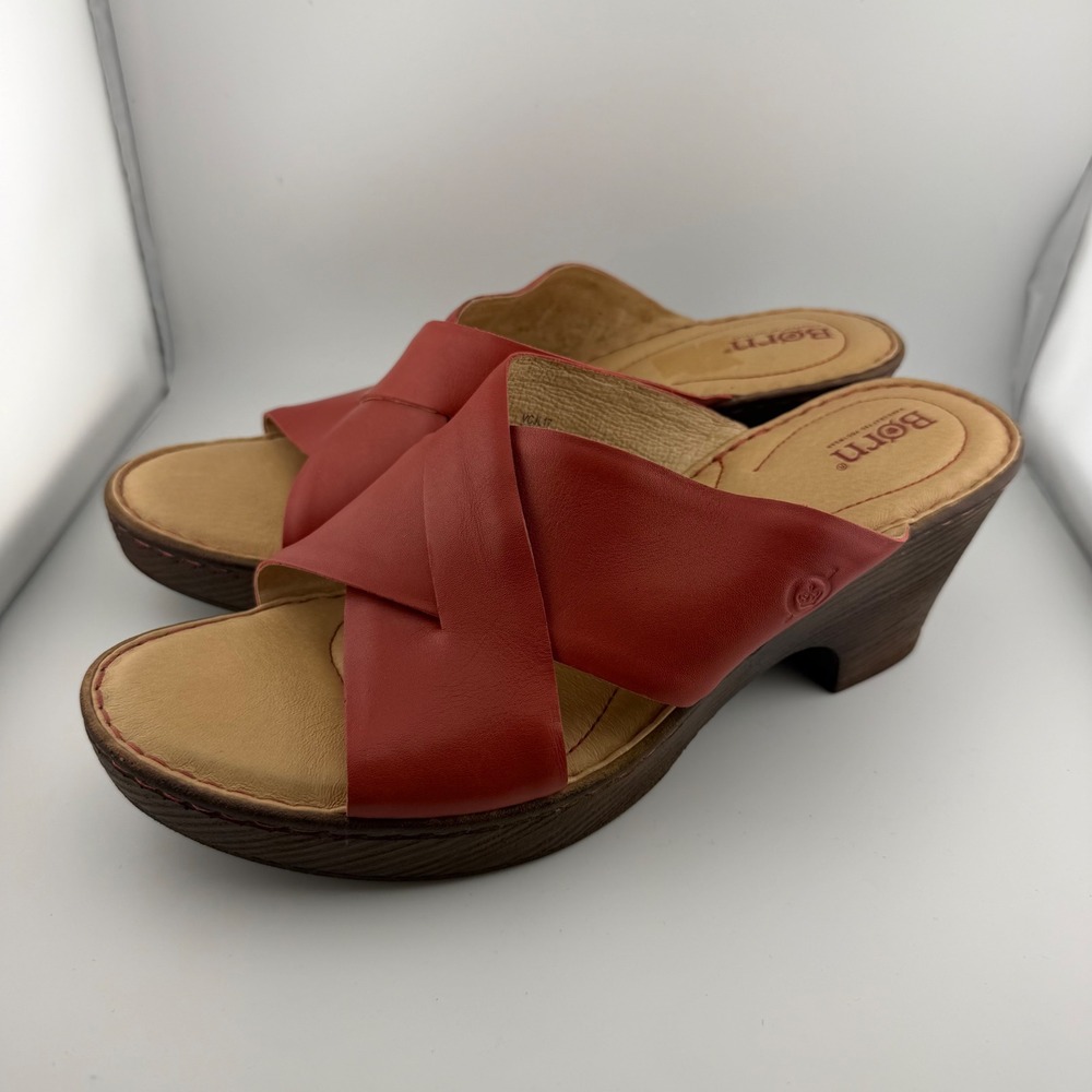 Born Wedge Sandals Women 11M Red Leather Crisscross Slide 3" Heel - Picture 5 of 10